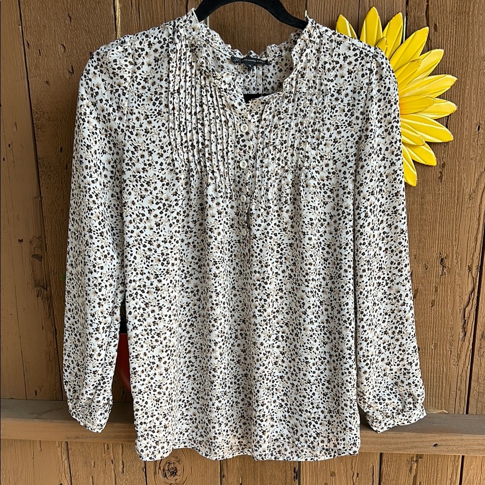Adrianna Papell Brown and White Smocked Ruffled Blouse